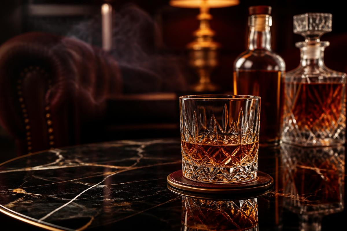 Vaso de whisky premium en un entorno elegante
