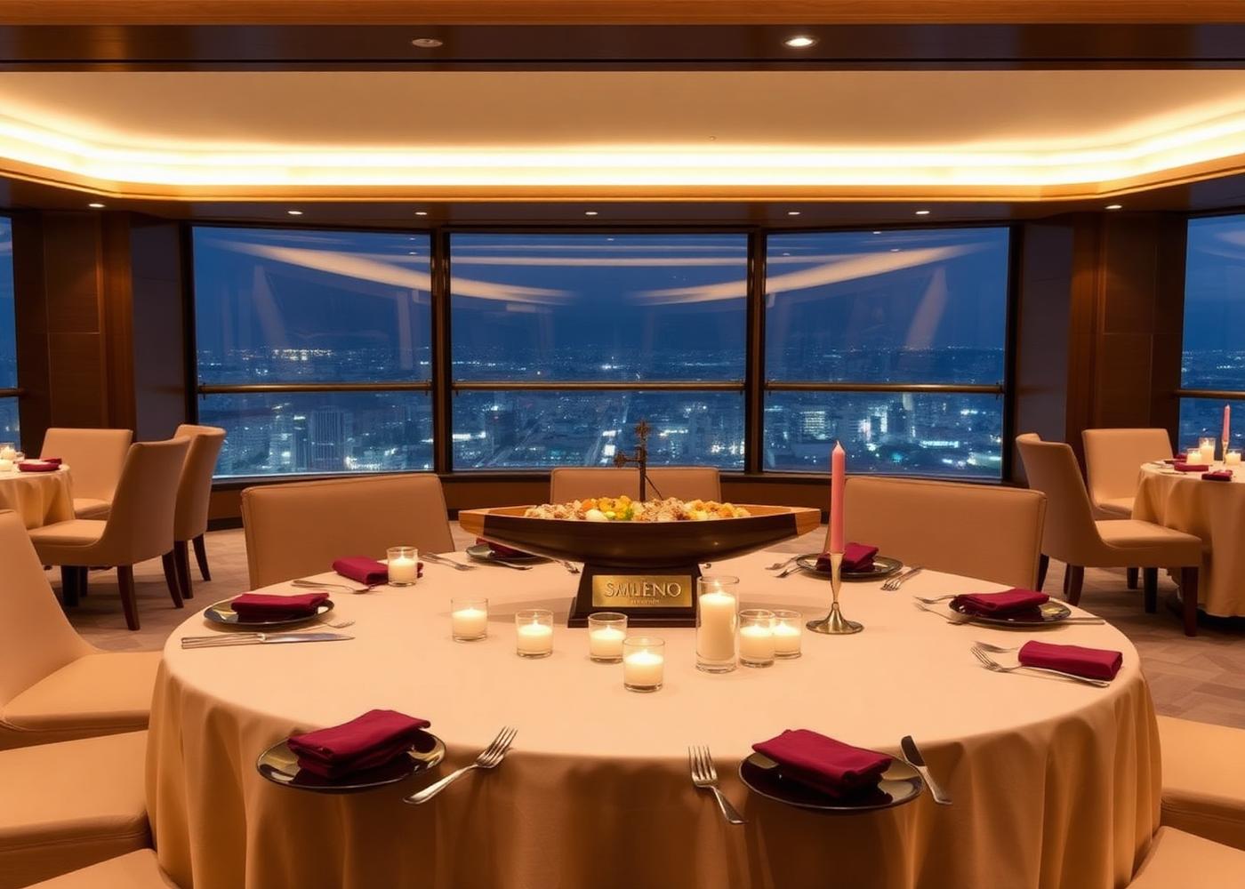 Mesa de evento privado con barco de sushi y velas