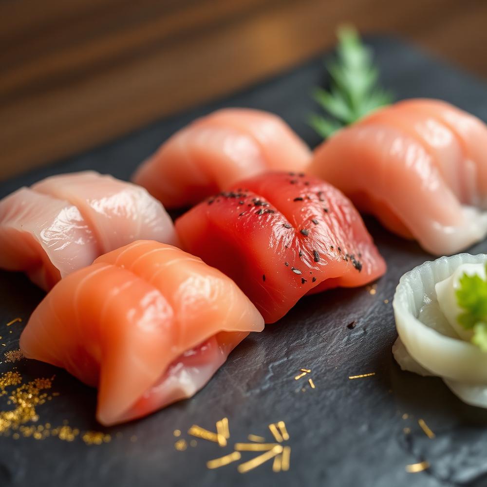 Sashimi con pan de oro sobre pizarra